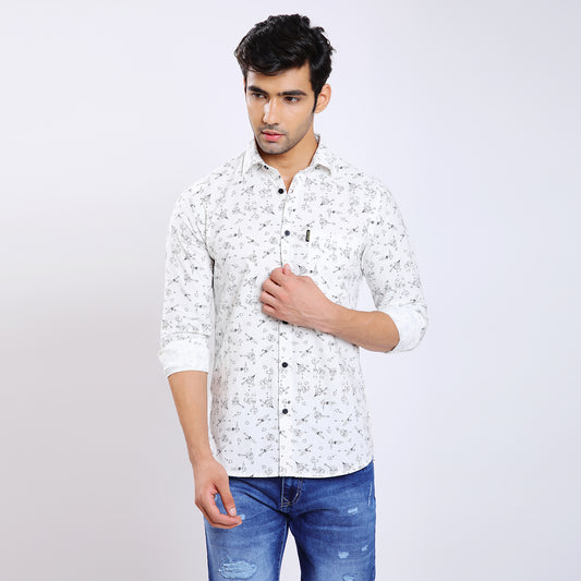 Mentoos Men's Stylish White Cotton Printed Casual Shirt