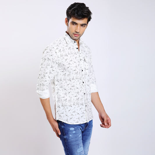 Mentoos Men's Stylish White Cotton Printed Casual Shirt