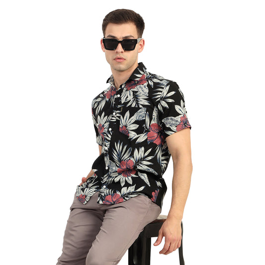 Mentoos Cotton Half Sleeve Printed Shirt - Leaf and Flower Design