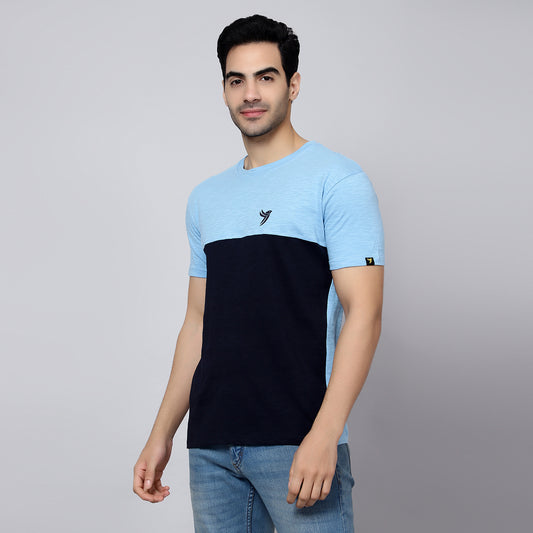 Mentoos Men Slub Cotton Solid Slim Fit Colorblocked Round Neck Half Sleeves T-Shirt Blue