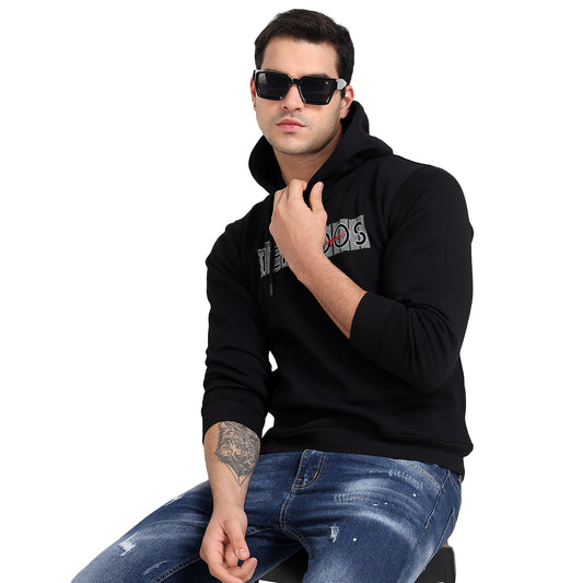 Mentoos Black Printed Hooded Sweatshirt with Kangaroo Pocket.
