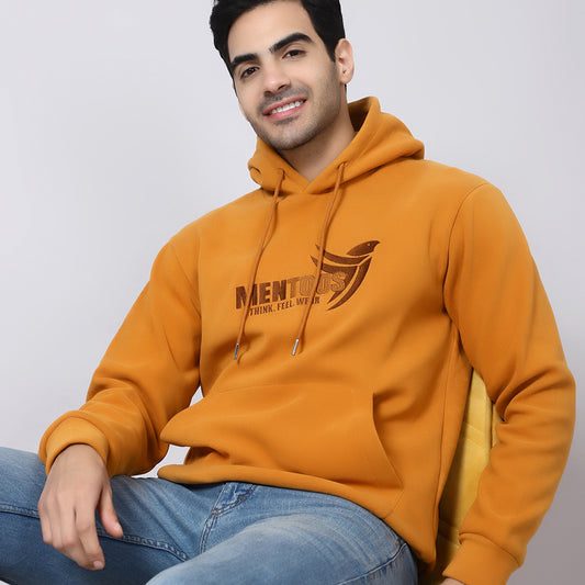 Mentoos Embroidered Hoodie with Kangaroo Pocket Mustard