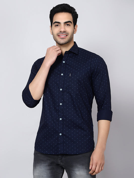 Mentoos Men's Blue Printed Cotton Casual Shirt