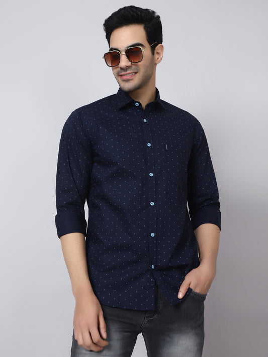 Mentoos Men's Blue Printed Cotton Casual Shirt