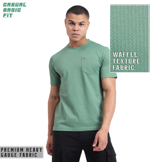 Mentoos Men's Textured Solid Olive Green Regular Fit Cotton T-shirt.