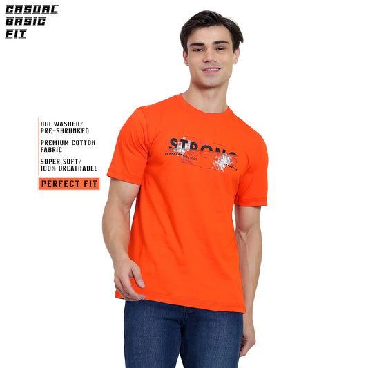 Mentoos Men's Orange Cotton Printed Round Neck Half Sleeves T-Shirt