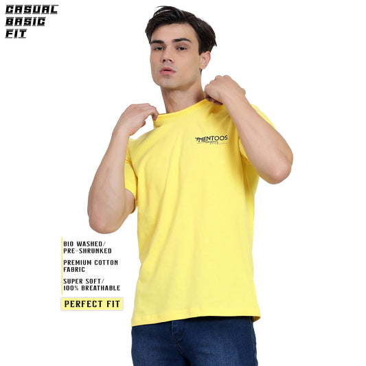 Mentoos Men's Yellow Cotton Printed Round Neck Half Sleeves T-Shirt.