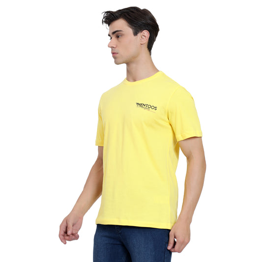 Mentoos Men's Yellow Cotton Printed Round Neck Half Sleeves T-Shirt.