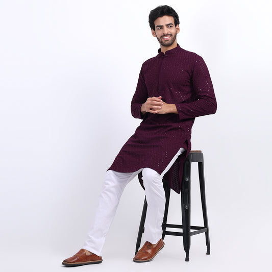 Awadhshree Wine Embroidered Kurta with Pajama