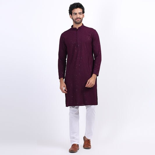 Awadhshree Wine Embroidered Kurta with Pajama