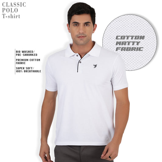 Mentoos Men Poly Cotton Solid Regular Fit Collar Neck Half Sleeves Polo T-Shirt White