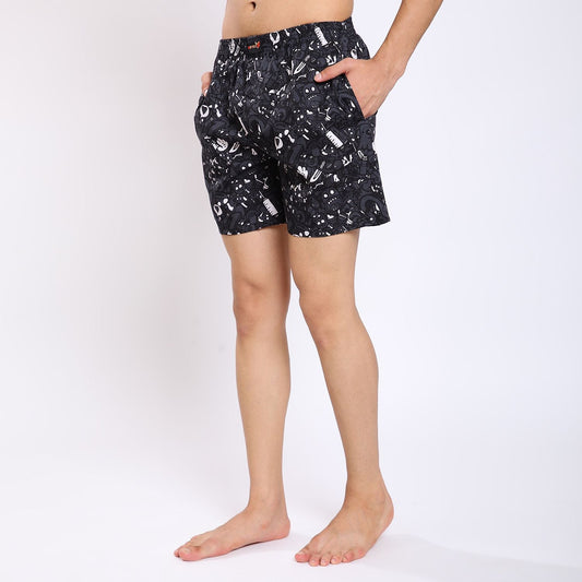 Mentoos Cotton Printed Boxers Shorts for Men Black Mentoos
