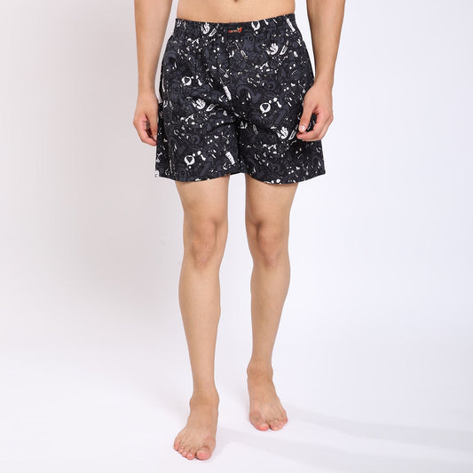 Mentoos Cotton Printed Boxers Shorts for Men Black Mentoos