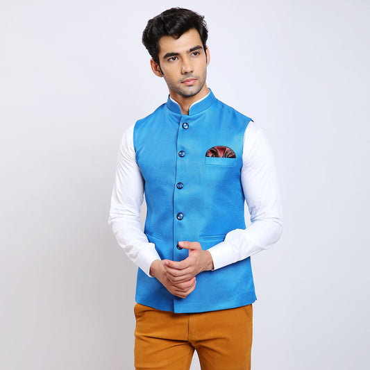 Awadhshree Jute Nehru Jacket Blue