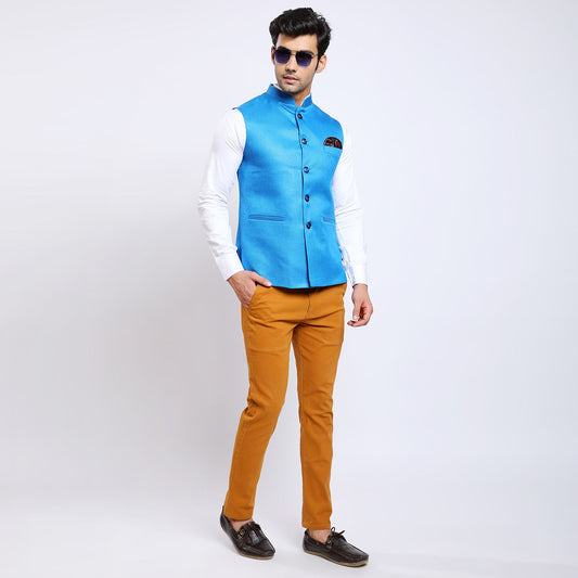 Awadhshree Jute Nehru Jacket Blue