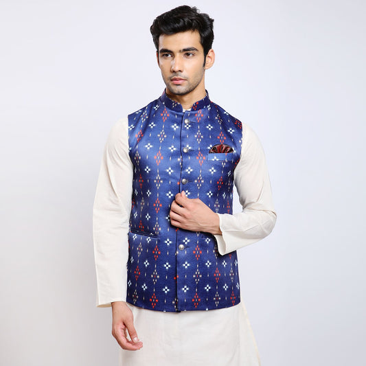 Awadhshree Satin Printed Nehru Jacket Blue