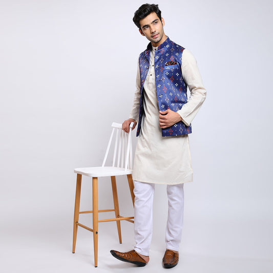 Awadhshree Satin Printed Nehru Jacket Blue