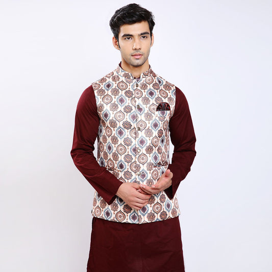 Awadhshree Satin Printed Nehru jacket Cream