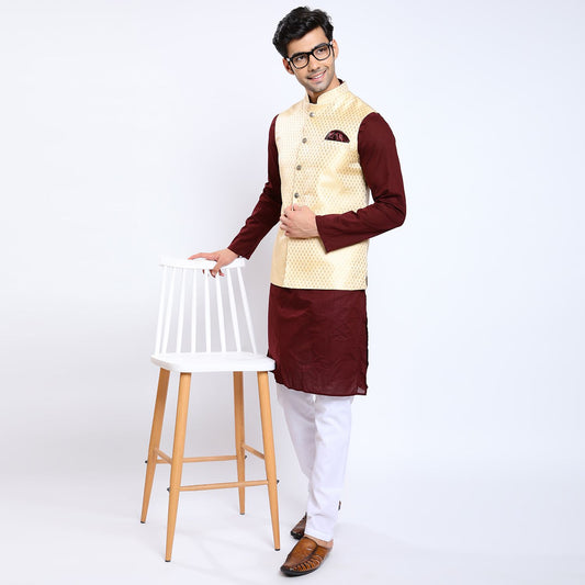 Awadhshree Self Design Nehru Jacket Gold