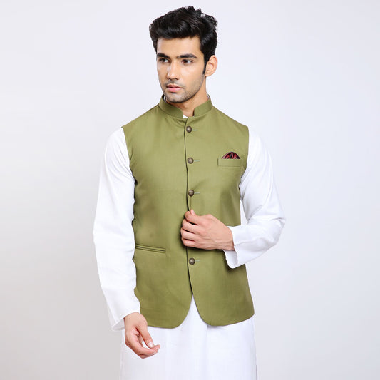 Awadhshree Solid Nehru Jacket Green