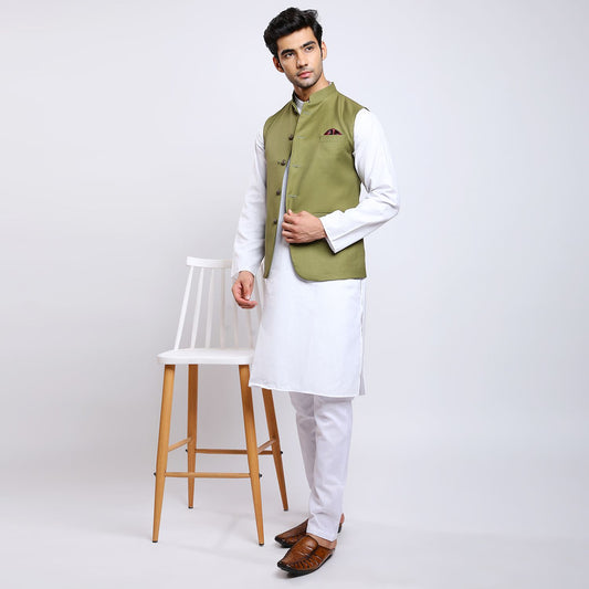 Awadhshree Solid Nehru Jacket Green