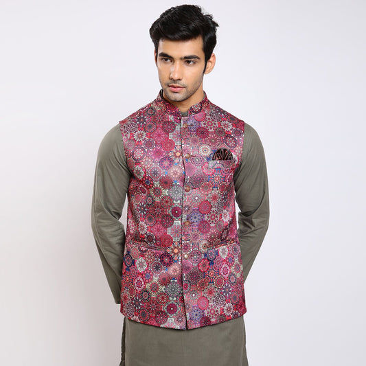 Awadhshree Satin Printed Nehru Jacket Pink