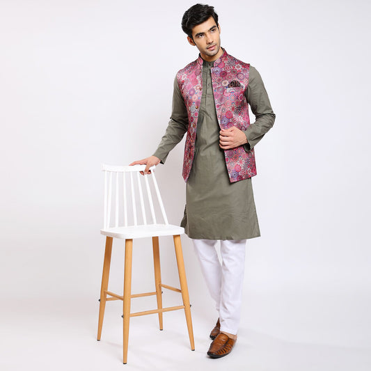 Awadhshree Satin Printed Nehru Jacket Pink