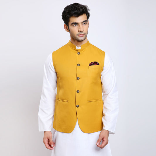 Awadhshree Solid Nehru Jacket Mustard