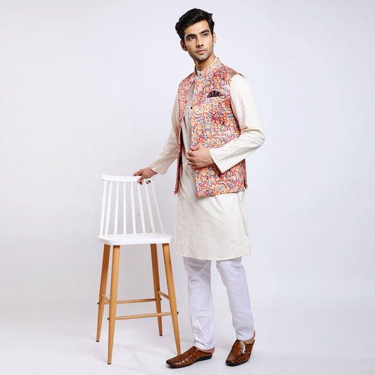 Awadhshree Satin Printed Nehru Jacket Orange
