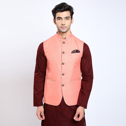 Awadhshree Solid Nehru Jacket Peach