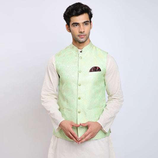 Awadhshree Self Design Nehru Jacket Pista Green