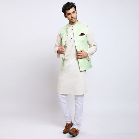 Awadhshree Self Design Nehru Jacket Pista Green
