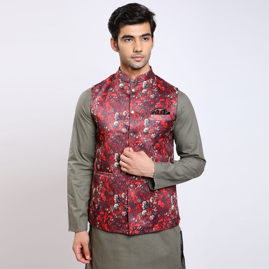 Awadhshree Satin Printed Nehru Jacket Red