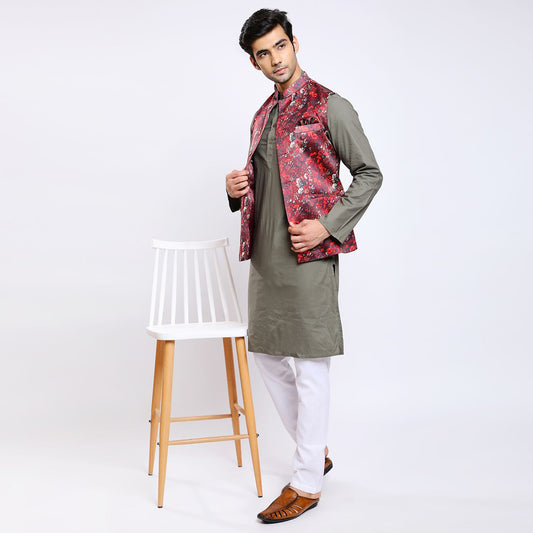 Awadhshree Satin Printed Nehru Jacket Red
