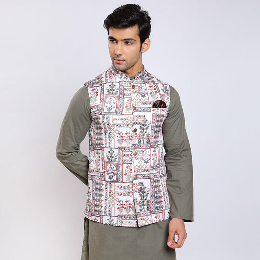 Awadhshree Satin Printed Nehru Jacket White