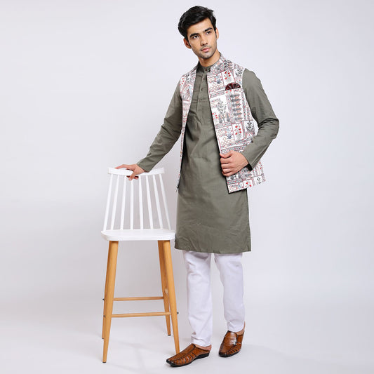 Awadhshree Satin Printed Nehru Jacket White