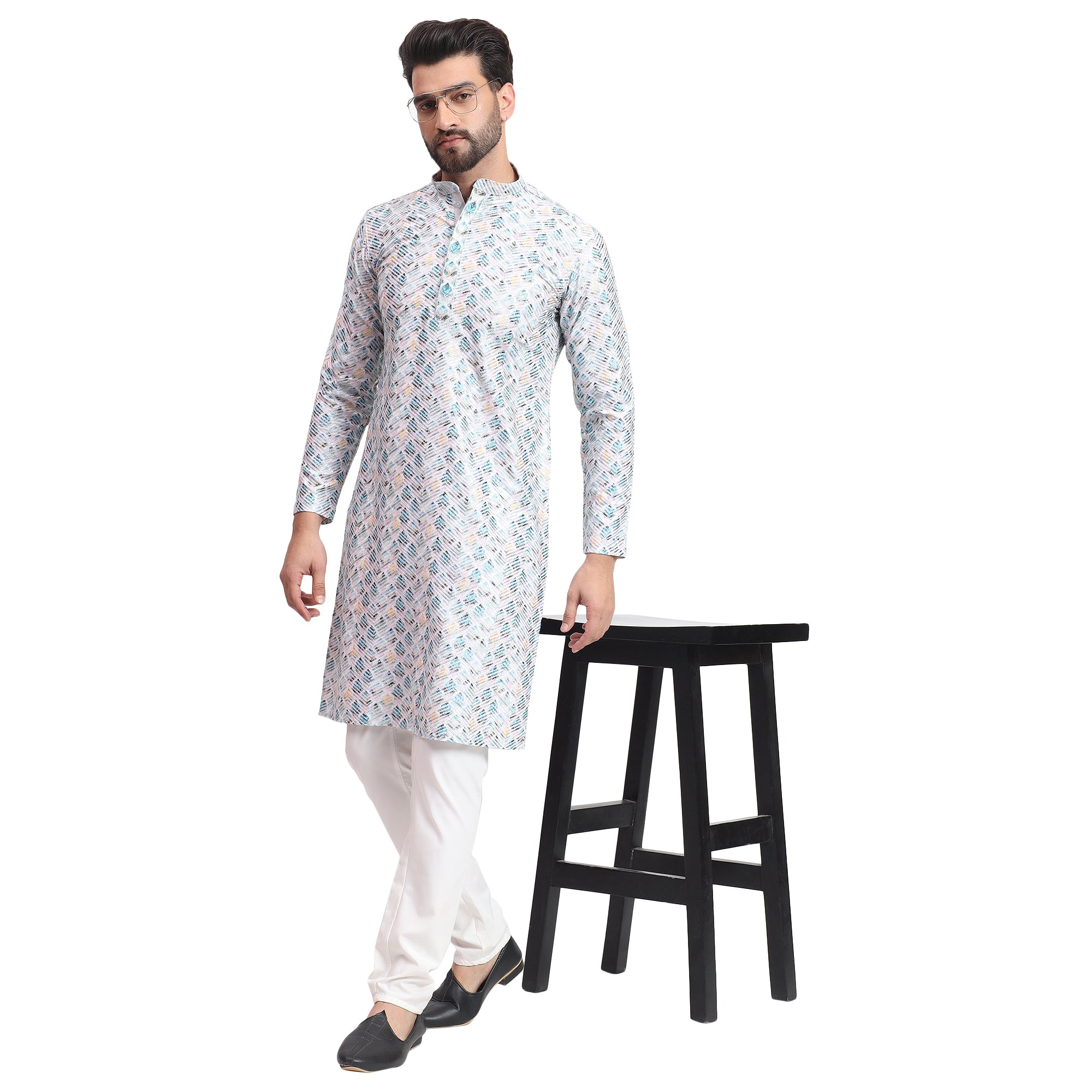 Awadhshree Blue & White Embroidered Kurta Pajama - Festive & Wedding Wear