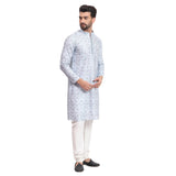 Awadhshree Greyish Blue & White Embroidered Kurta Pajama - Party & Wedding Wear