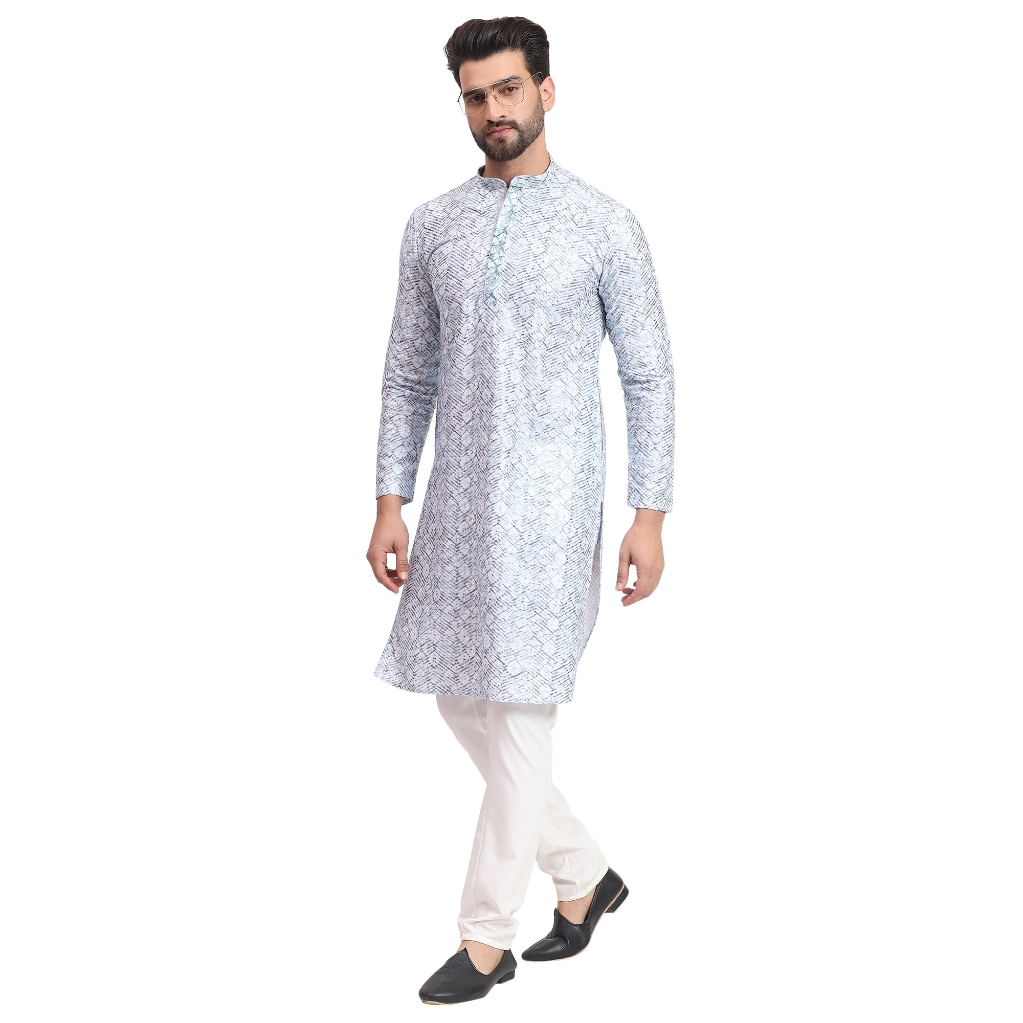 Awadhshree Greyish Blue & White Embroidered Kurta Pajama - Party & Wedding Wear