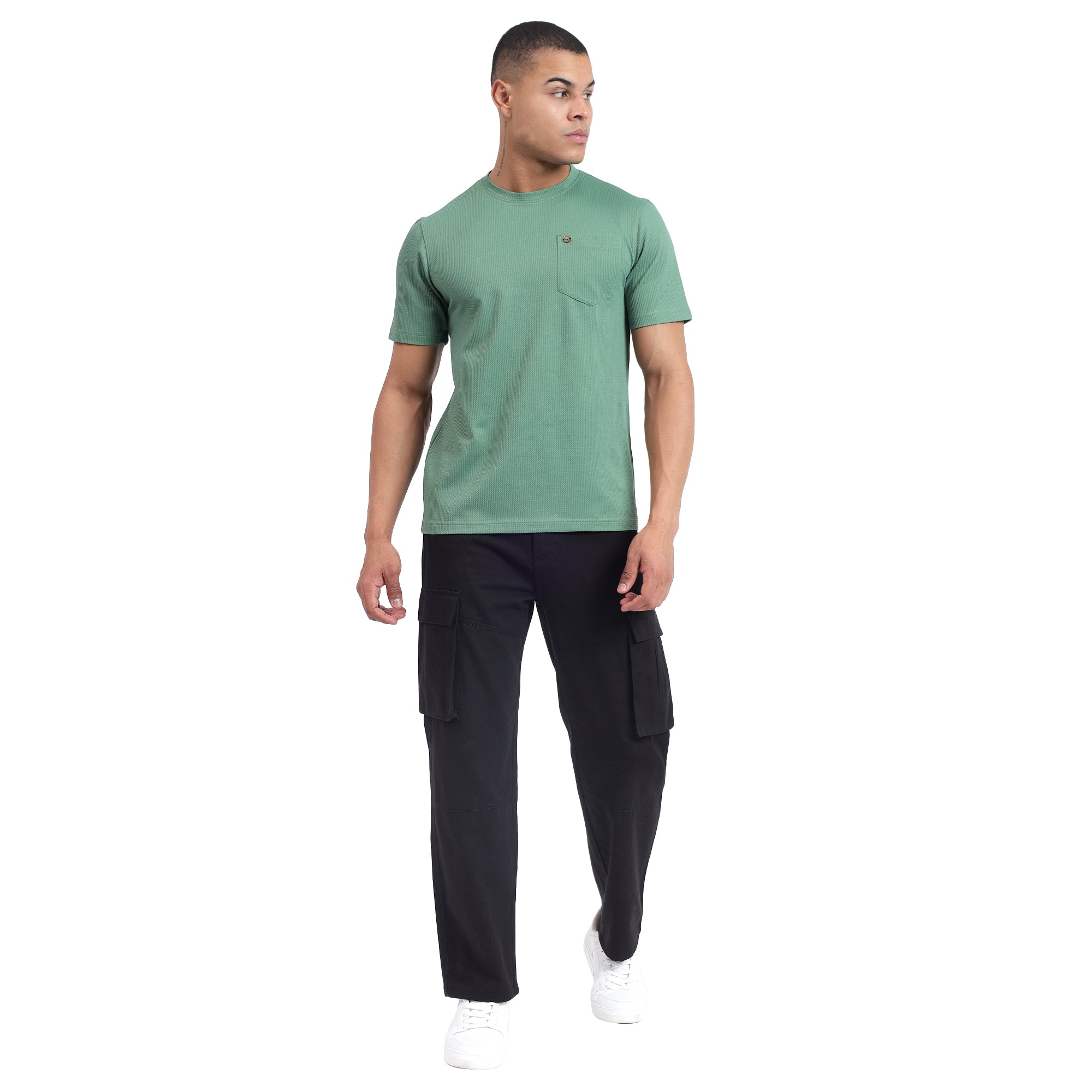 Mentoos Men's Textured Solid Black Cotton T-shirt.