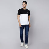 Mentoos Men Slub Cotton Solid Slim Fit Colorblocked Round Neck Half Sleeves T-Shirt Black