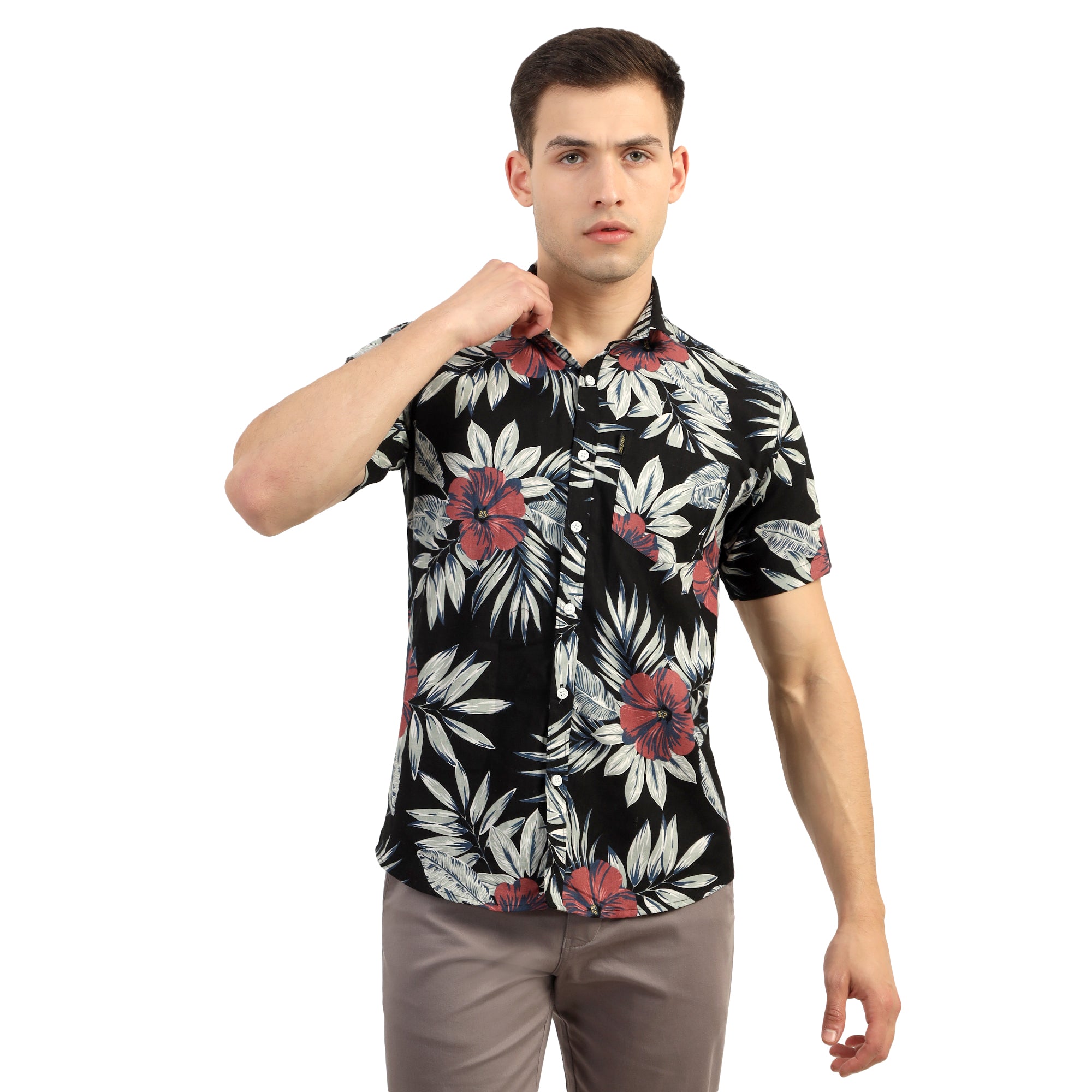 Mentoos Cotton Half Sleeve Printed Shirt - Leaf and Flower Design