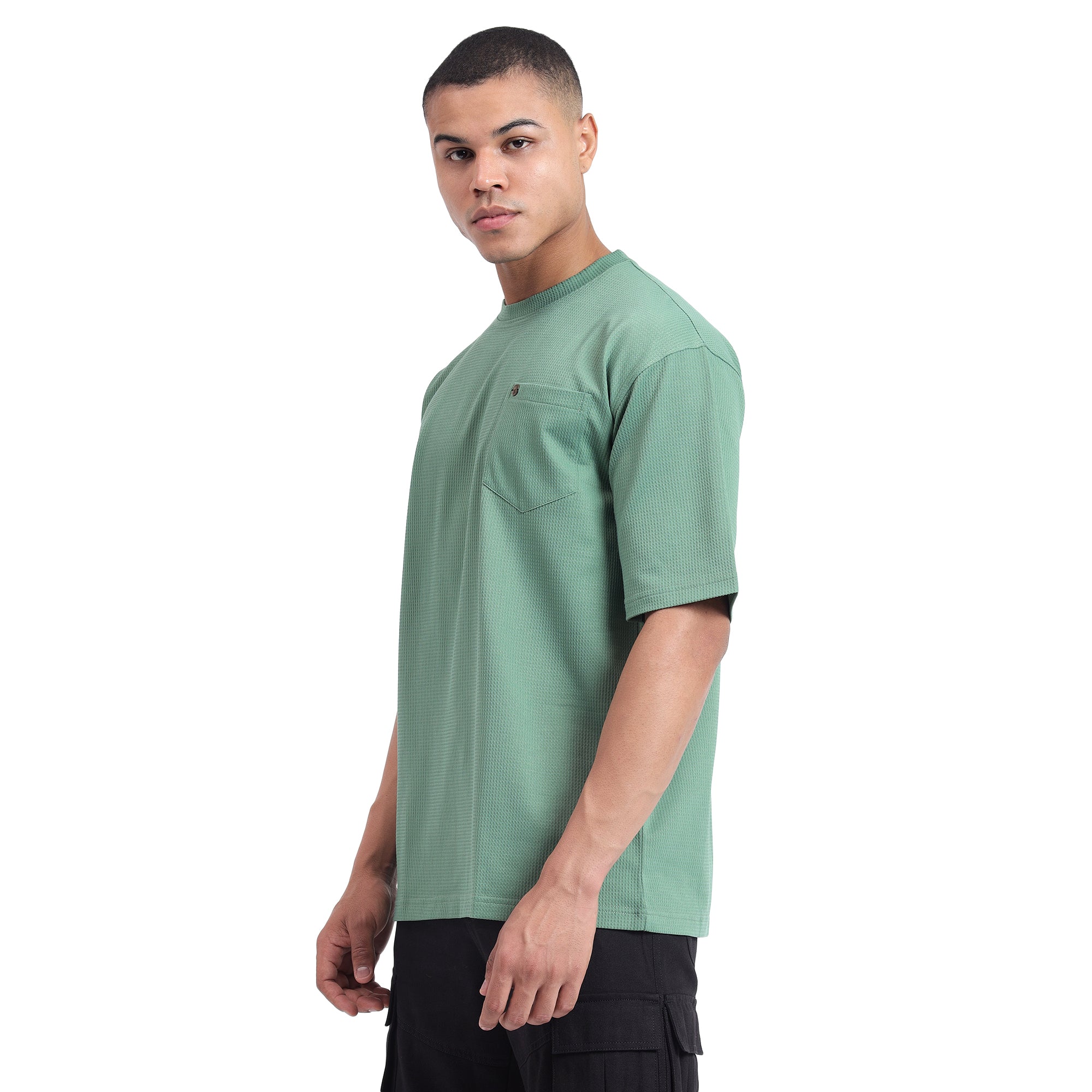 Mentoos Classic Men's Oversize Olive Green Textured Cotton T-shirts.