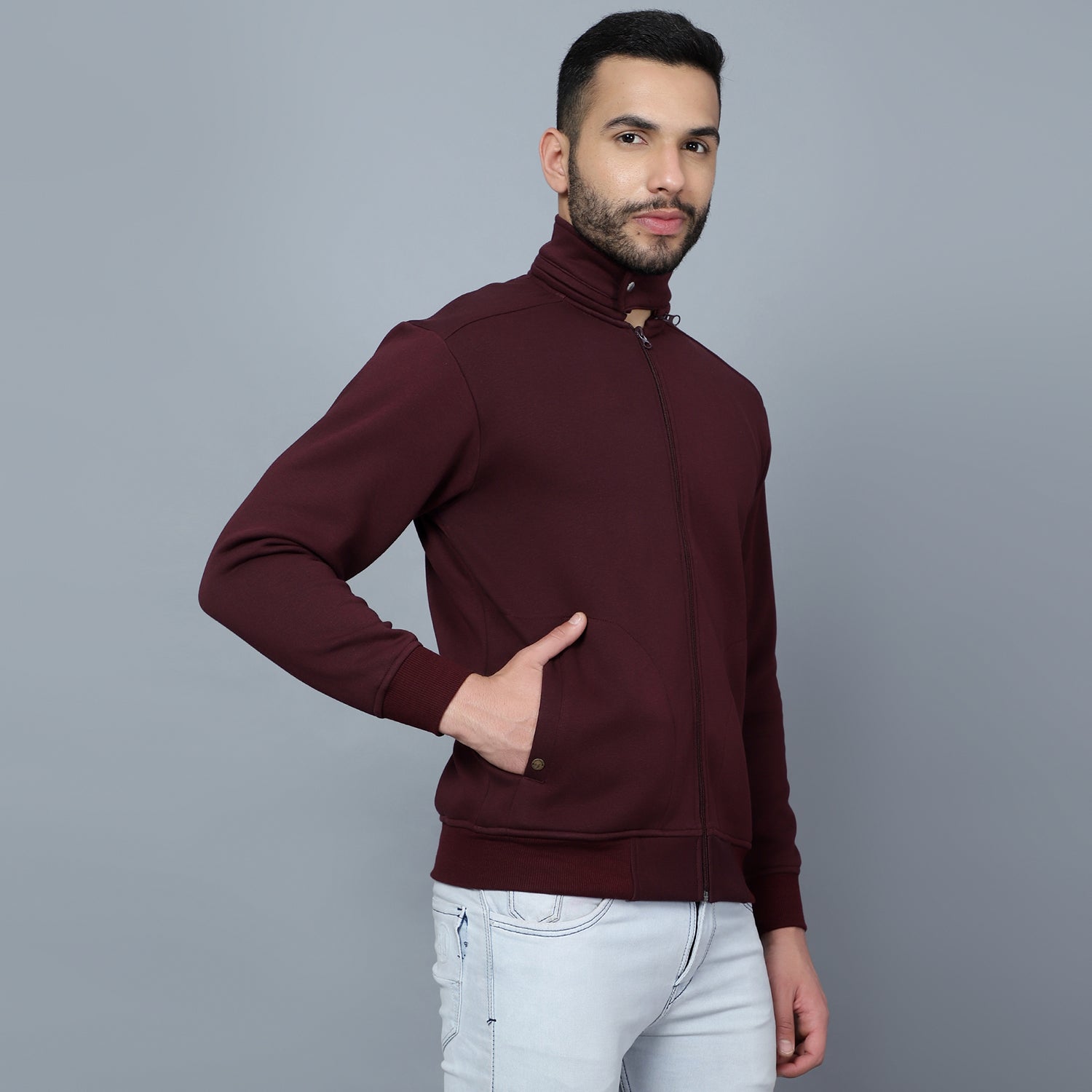 Mentoos Mock Collar Zipper Cotton Sweatshirt Maroon