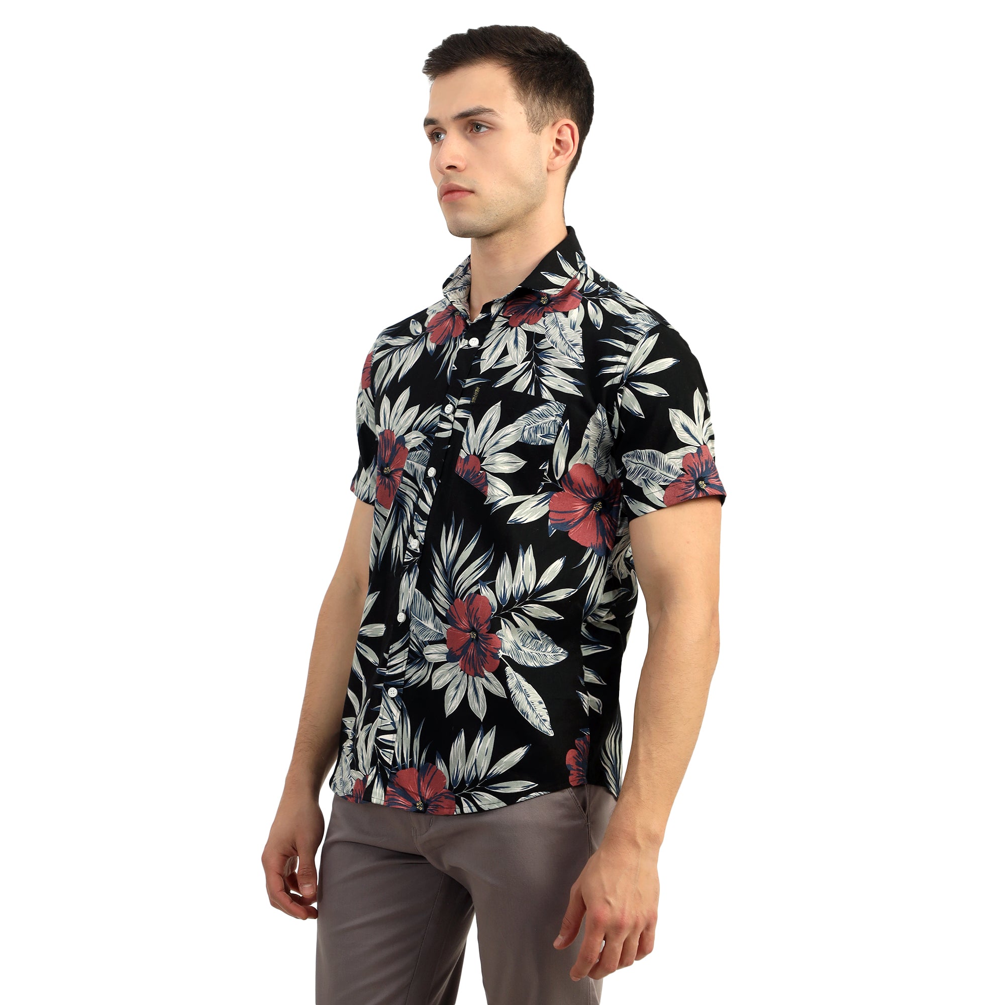 Mentoos Cotton Half Sleeve Printed Shirt - Leaf and Flower Design