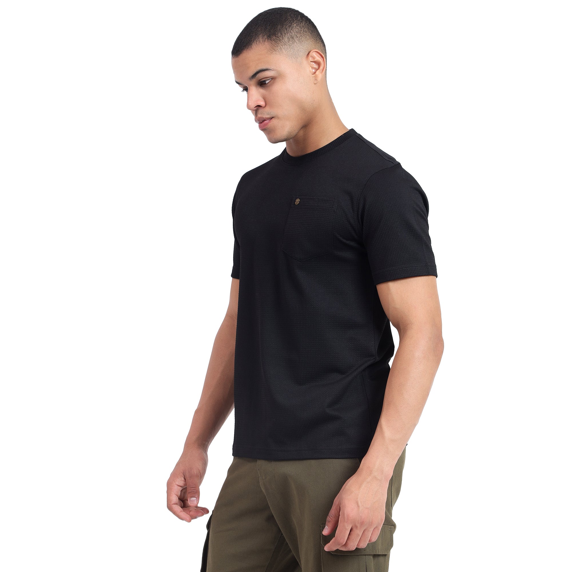 Mentoos Men's Textured Solid Black Cotton T-shirt.