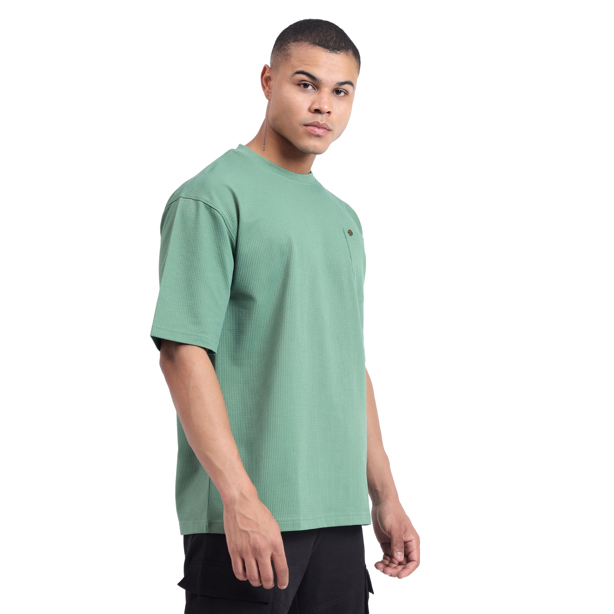 Mentoos Classic Men's Oversize Olive Green Textured Cotton T-shirts.