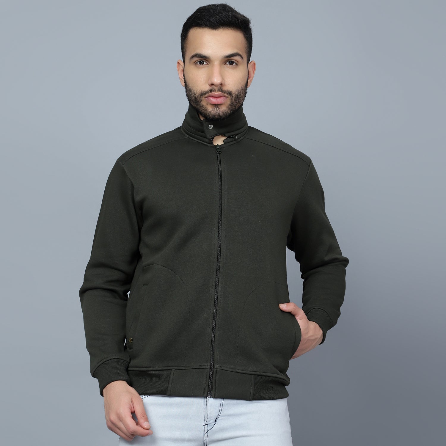 Mentoos Mock Collar Zipper Cotton Sweatshirt Olive Green