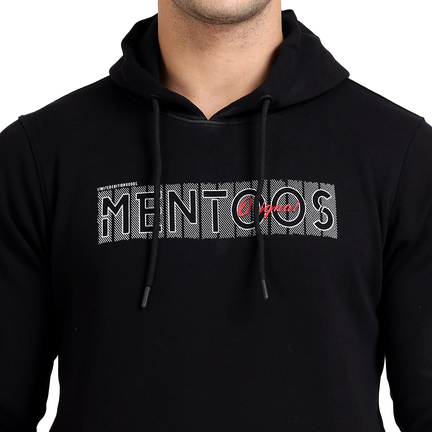 Mentoos Black Printed Hooded Sweatshirt with Kangaroo Pocket.