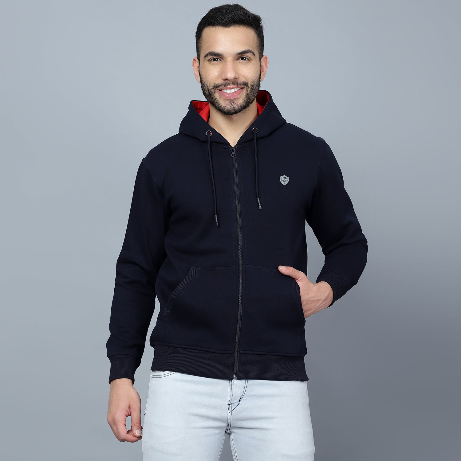 Mentoos Zipper Hoodie with Split Kangaroo Pocket Navy Blue